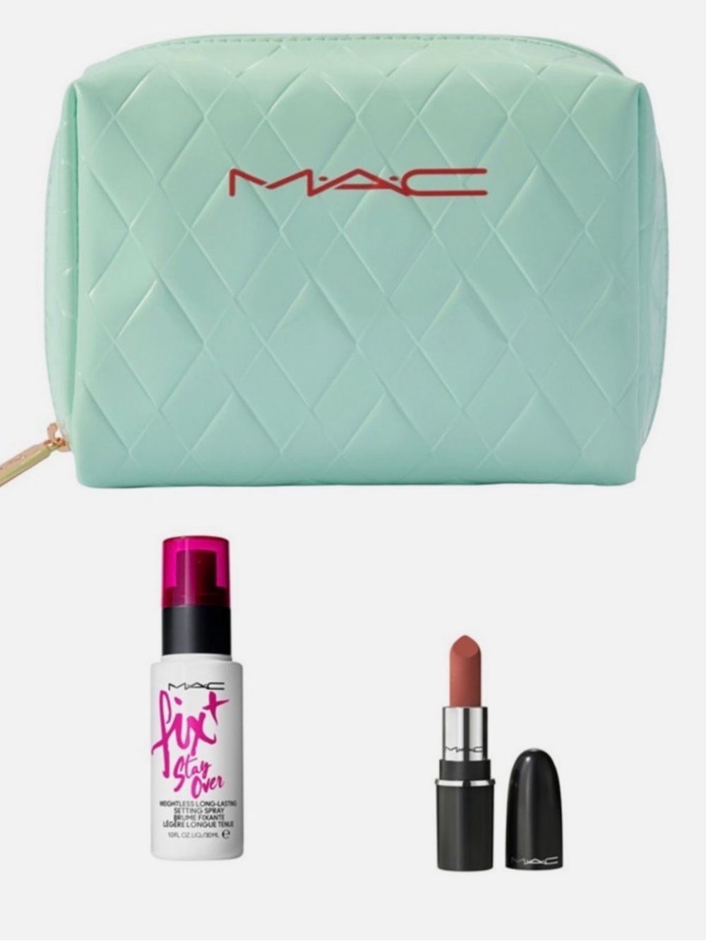 MAC Makeup Pouch 6x4.5x2.5 +MAC Warm Teddy Lipstick $16 & MAC Fix+ Stay Over $18